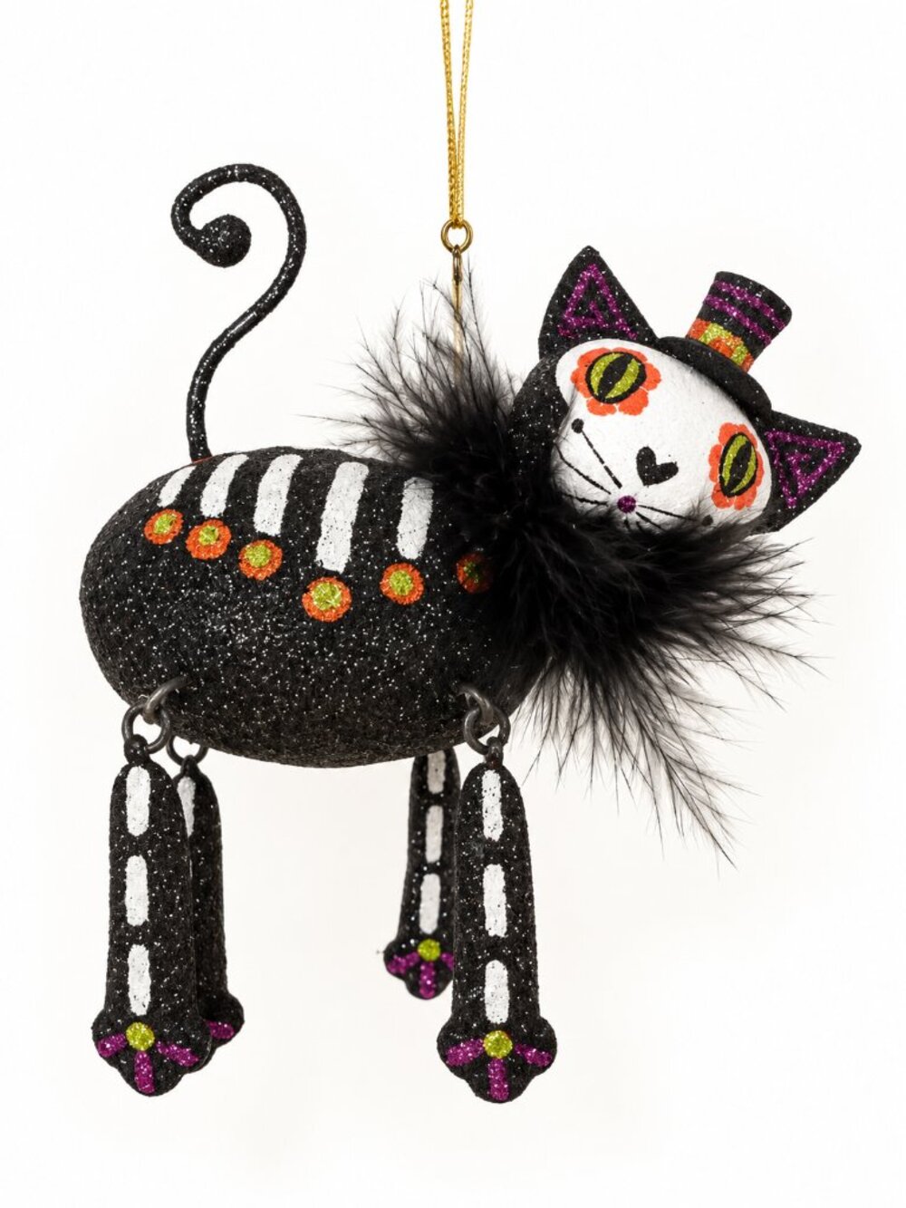 Pier 1 Imports Glitter Metal Halloween Black Cat Sugar Skull Ornament Vintage 6"